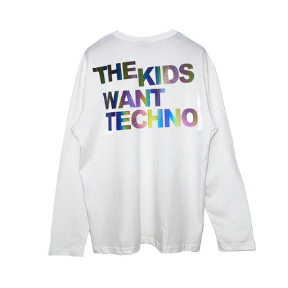 OUTLET - Relaxed Fit Beyaz Uzun Kollu Tişört 'THE KIDS WANT TECHNO' RAINBOW REFLECTIVE