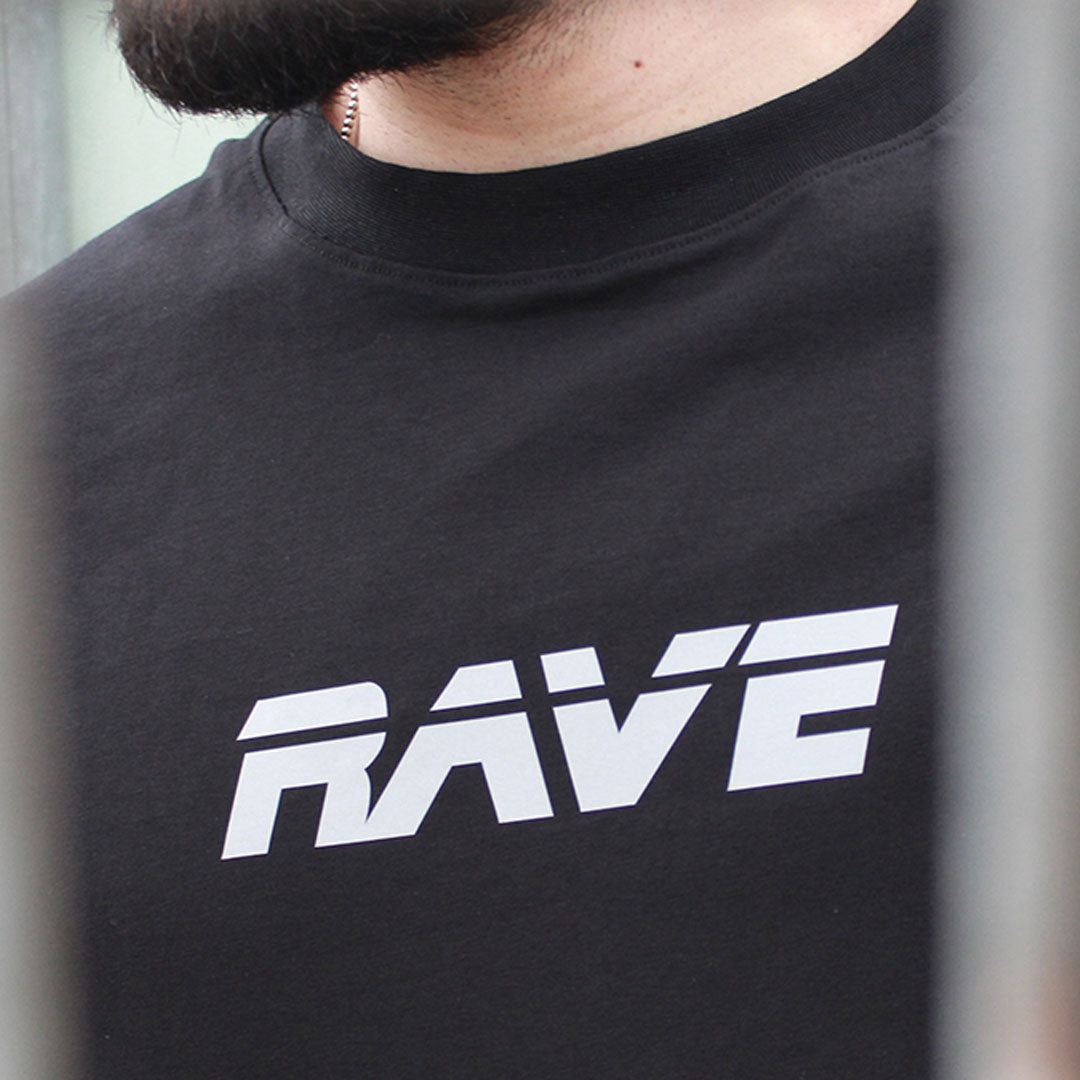 oversized black t-shirt, rave, techno, EDM, festival outfit, reflective print