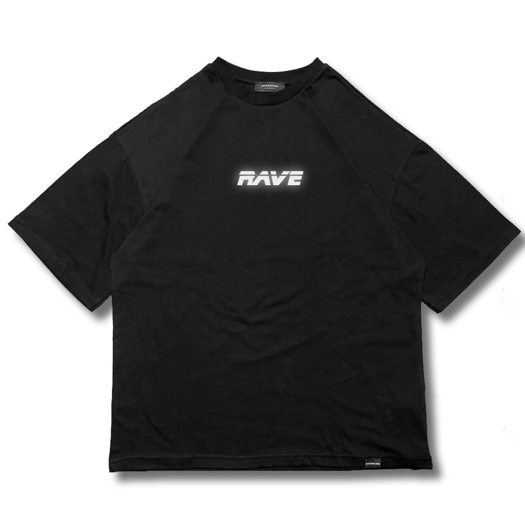 oversized black t-shirt, rave, techno, EDM, festival outfit, reflective print