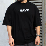 oversized black t-shirt, rave, techno, EDM, festival outfit, reflective print
