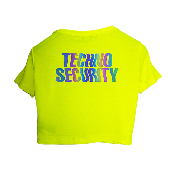 NEON YELLOW CROP T-SHIRT 'TECHNO SECURITY' RAINBOW REFLECTIVE