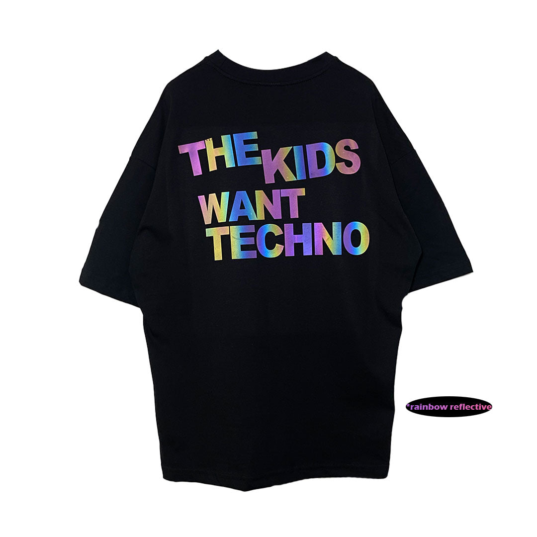 Oversized Black T-shirt 'THE KIDS WANT TECHNO' Reflective flash sale.