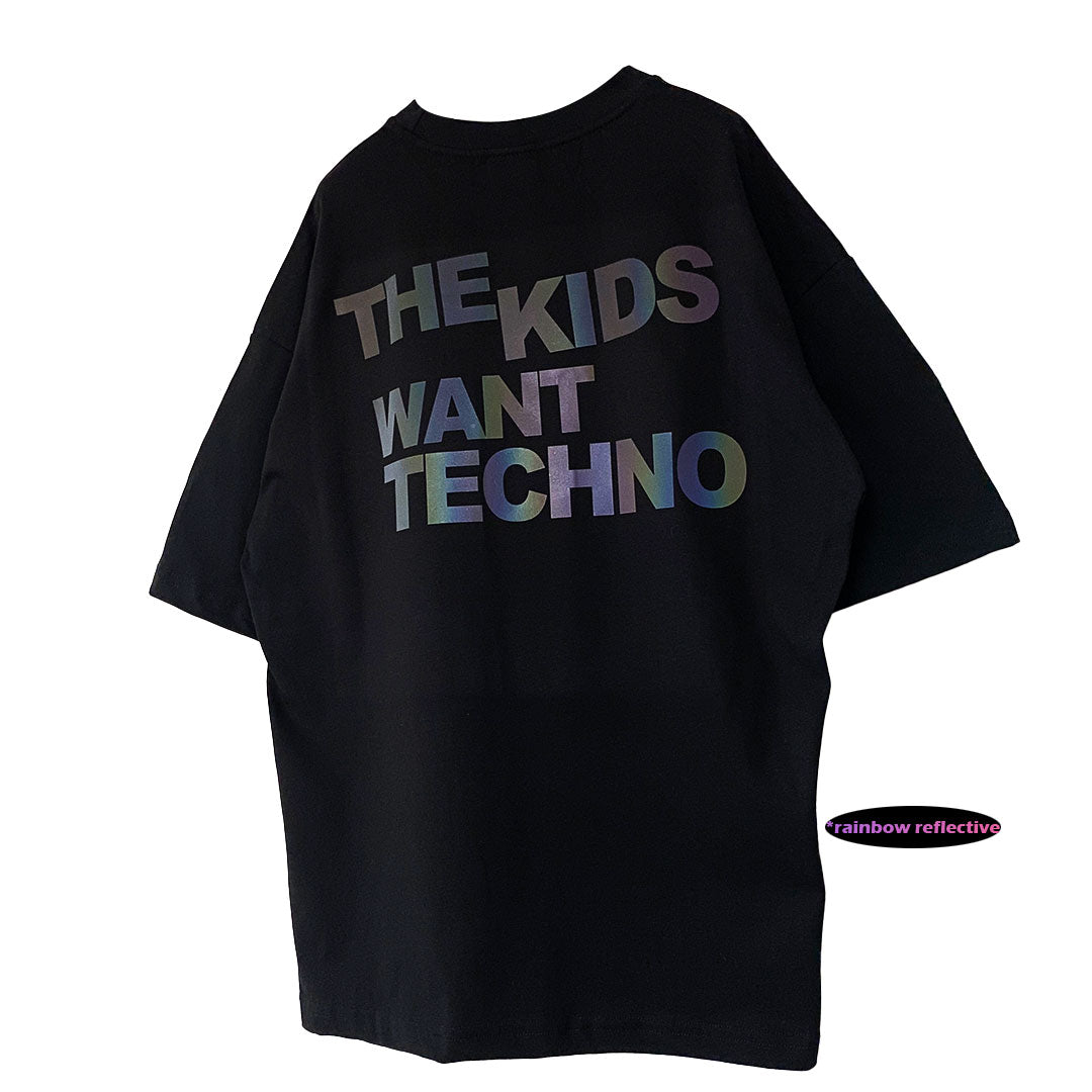 Oversized Black T-shirt 'THE KIDS WANT TECHNO' Reflective flash sale.