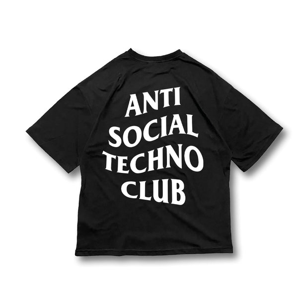 OVERSIZE BLACK T-SHIRT 'ANTI SOCIAL TECHNO CLUB' WHITE PRINT