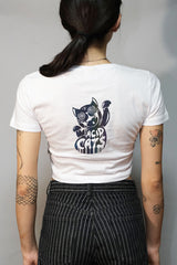 beyaz crop tisort acid cats baskili - reflective white crop top, techno, party, festival clothing