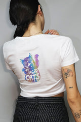 beyaz crop tisort acid cats baskili - reflective white crop top, techno, party, festival clothing