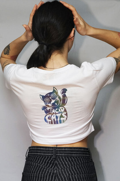 beyaz crop tisort acid cats baskili - reflective white crop top, techno, party, festival clothing