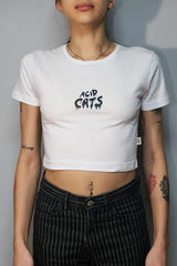 beyaz crop tisort acid cats baskili - reflective white crop top, techno, party, festival clothing