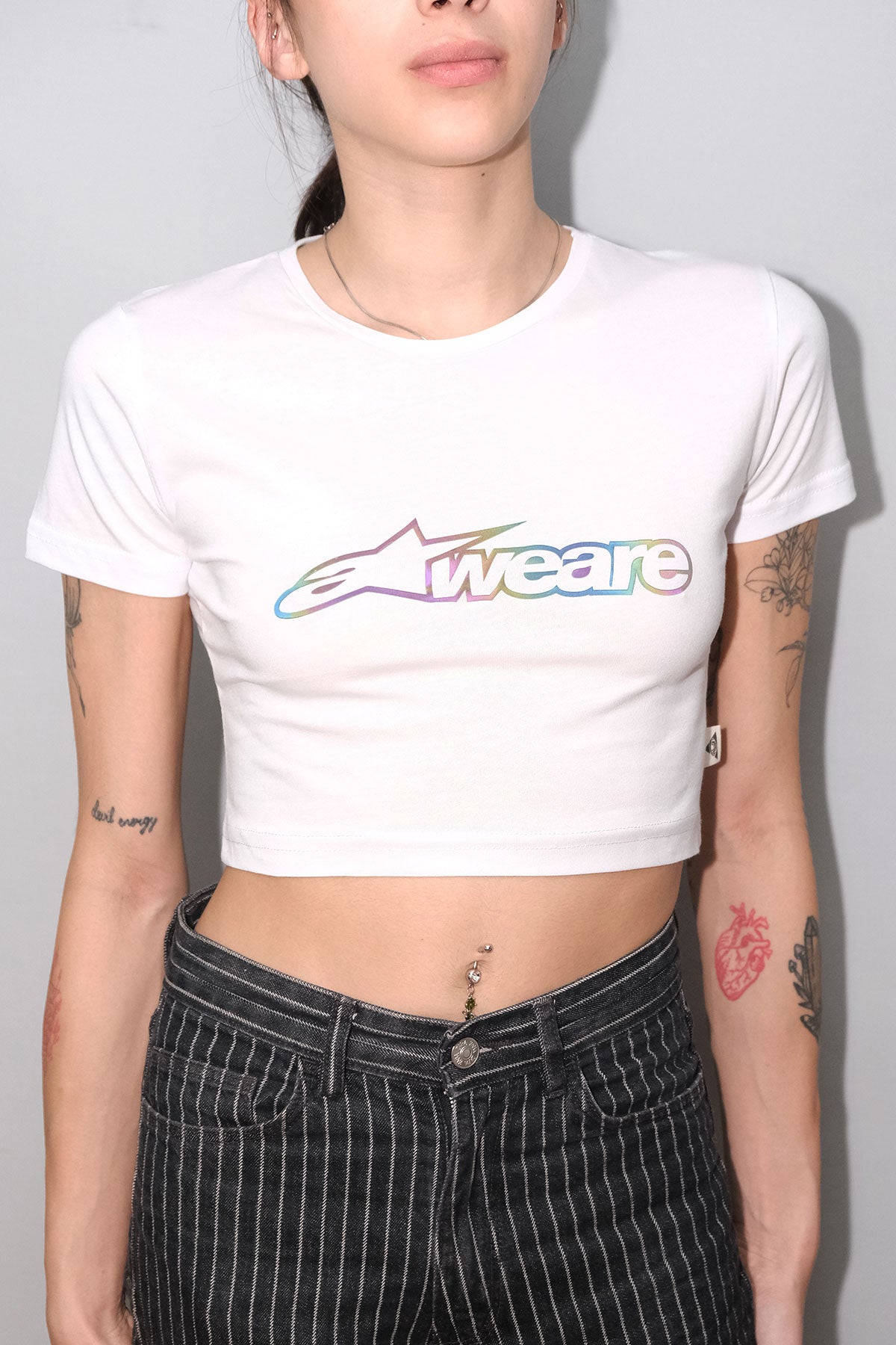 beyaz crop tisort Afterweare baskili - reflective white crop top, techno, party, festival clothing