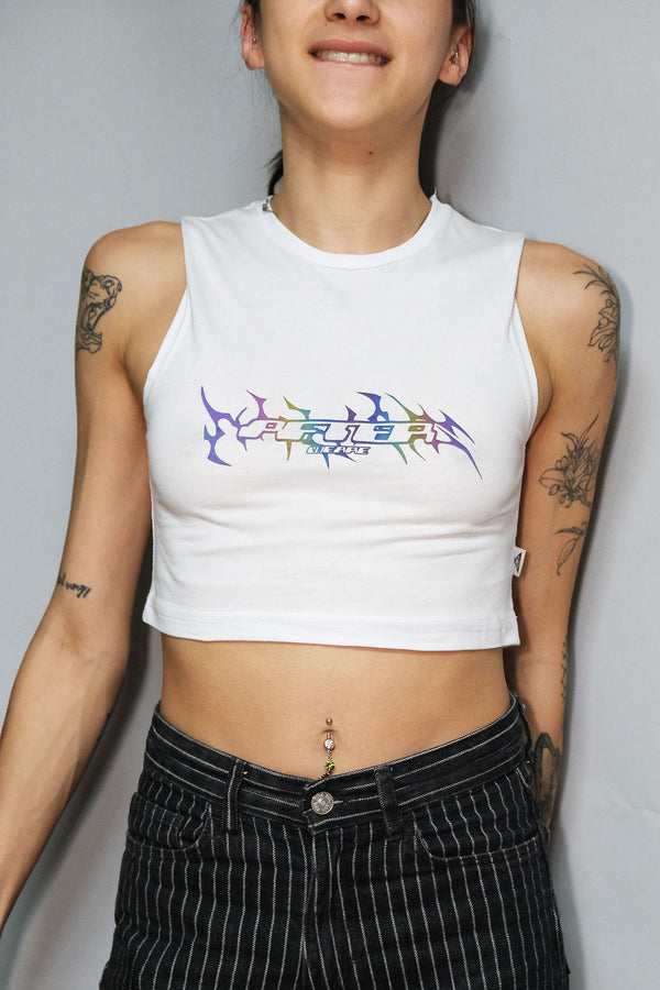 beyaz crop tisort tribal kemik Afterweare baskili - reflective white crop top, techno, party, festival clothing