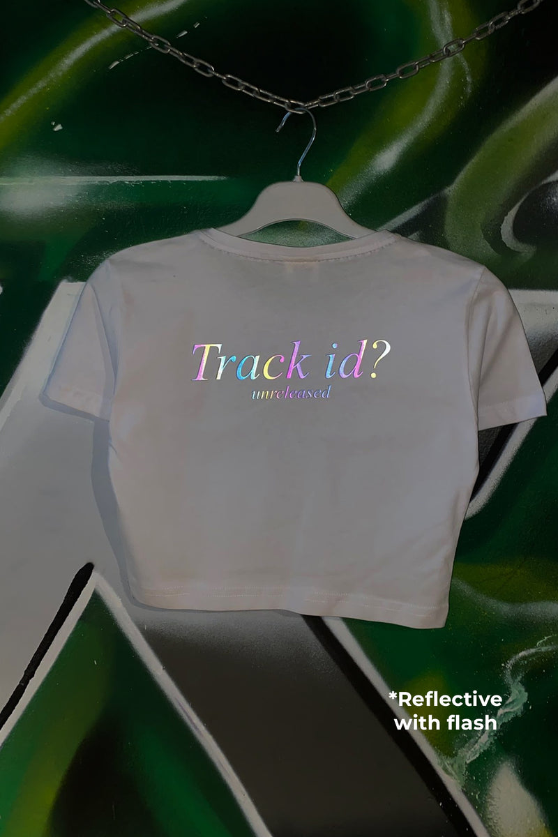 techno fashion Reflektör baskılı beyaz crop tişört -  reflective print white crop top