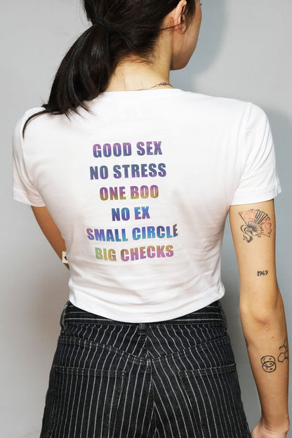 beyaz crop tisort good sex no stress baskili - reflective white crop top, techno, party, festival clothing