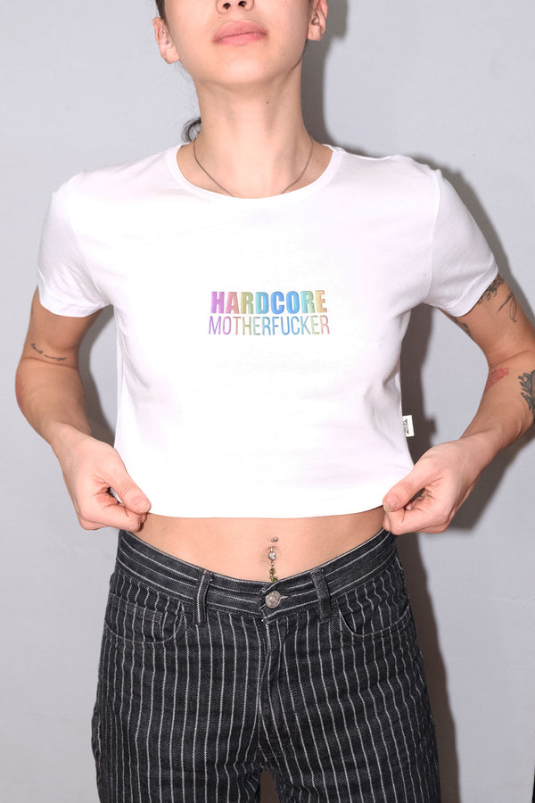 WEISSES CROP-T-SHIRT „HARDCORE MOTHERFUCKER“