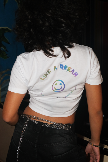 Reflektör Baskılı Beyaz Crop Tişört - Like A Dream | Reflective Print White Crop T-shirt.