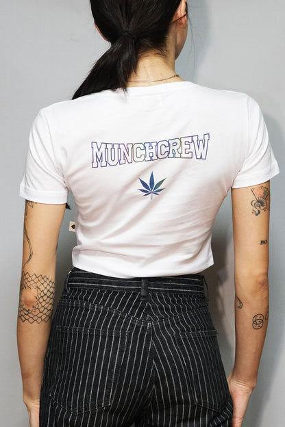 beyaz crop tisort munch crew baskili - reflective white crop top, techno, party, festival clothing