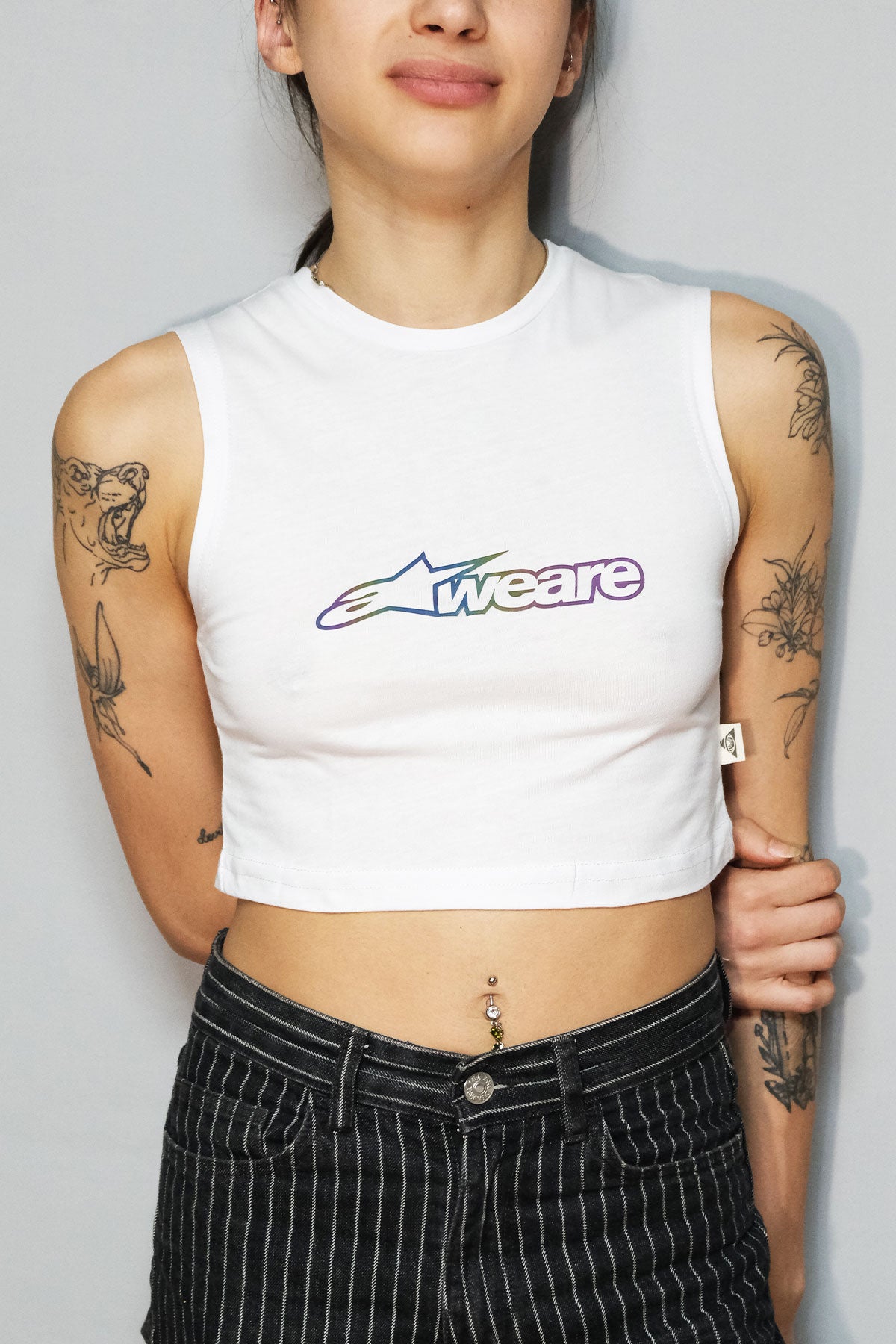 Beyaz Crop Top Üst | Aweare - White Crop Top Reflective