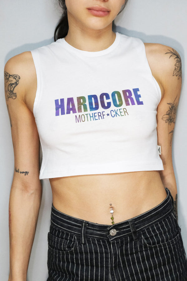 Beyaz Crop Top Üst | Hardcore - White Crop Top Reflective