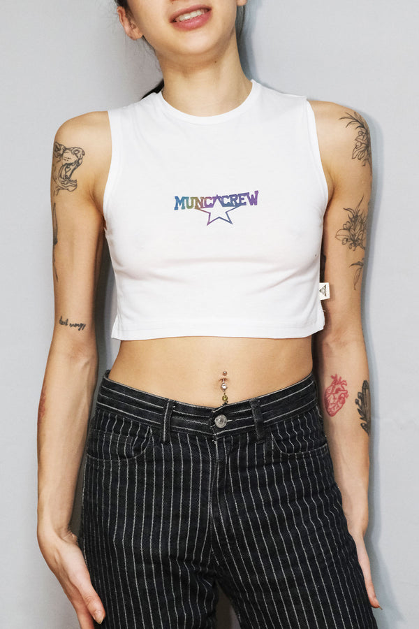 beyaz crop top munchcrew baskili - white crop t-shirt reflective techno, party, rave clothing