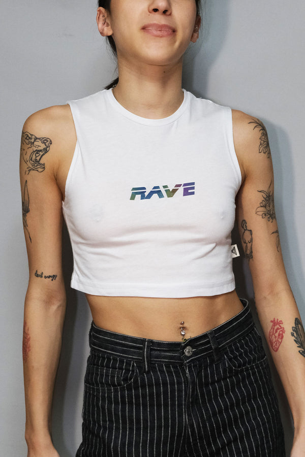 beyaz crop top rave baskili - white crop t-shirt reflective techno, party, rave clothing