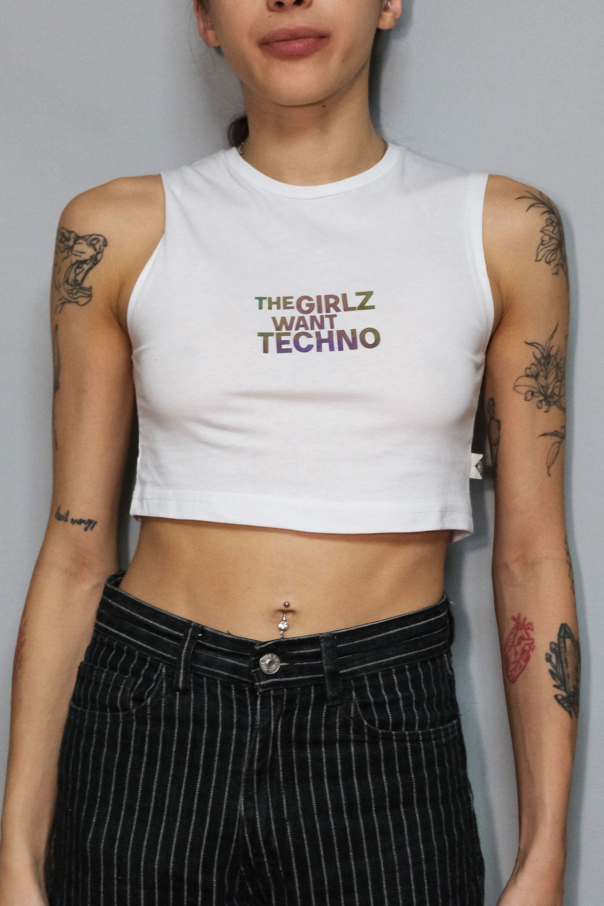 beyaz crop top the girls want techno baskili - white crop t-shirt reflective techno, party, rave clothing