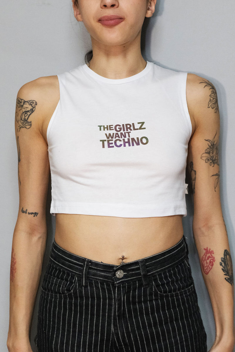 beyaz crop top the girls want techno baskili - white crop t-shirt reflective techno, party, rave clothing