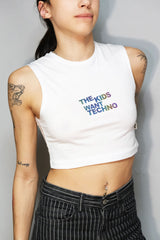 beyaz crop top the kids want techno baskili - white crop t-shirt reflective techno, party, rave clothing