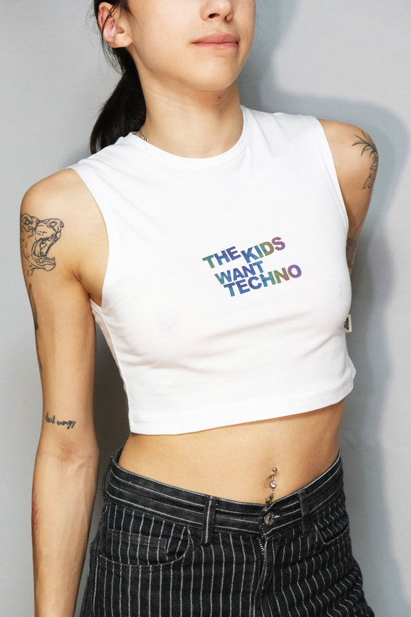 beyaz crop top the kids want techno baskili - white crop t-shirt reflective techno, party, rave clothing