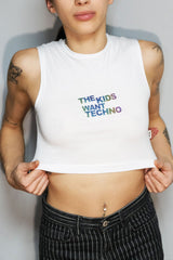 beyaz crop top the kids want techno baskili - white crop t-shirt reflective techno, party, rave clothing