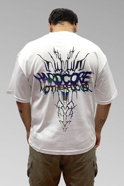 Beyaz Oversize Tişört 'HARDCORE MOTHERFUCKER TRIBAL'
