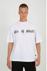 Reflektör baskılı beyaz oversize tişört - hell or heaven reflective print white oversize t-shirt