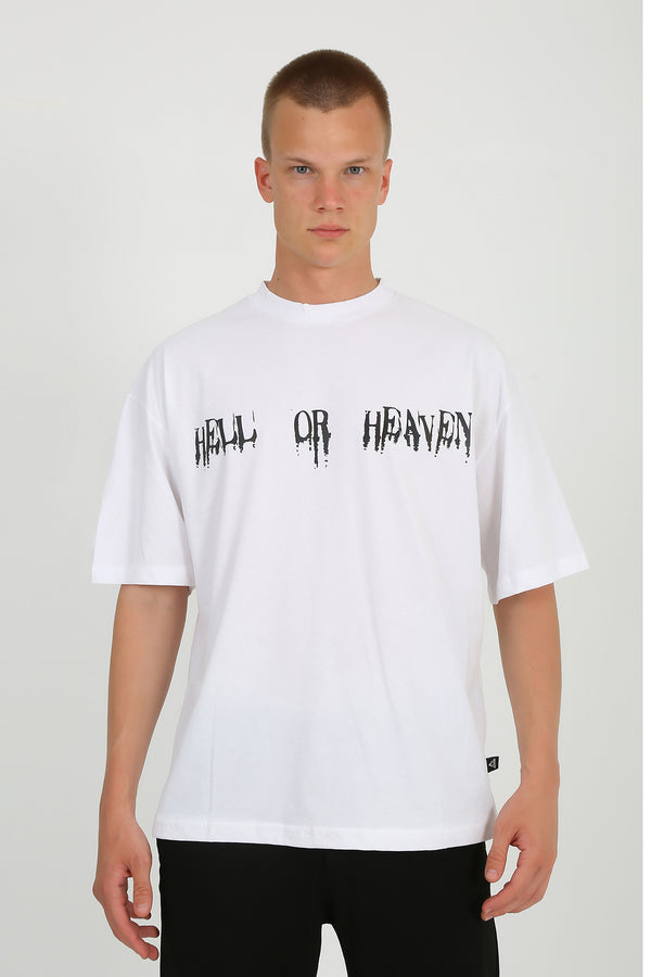 Reflektör baskılı beyaz oversize tişört - hell or heaven reflective print white oversize t-shirt