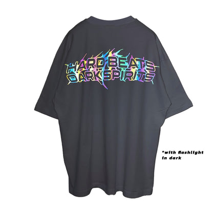 WHITE OVERSIZE T-SHIRT 'HARD BEATS DARK SPIRITS' RAINBOW REFLECTIVE