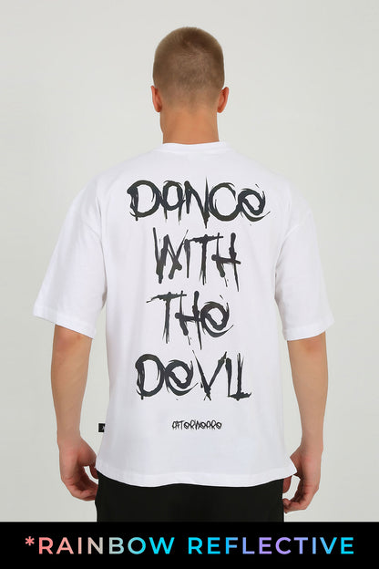 WHITE OVERSIZE T-SHIRT 'DANCE WITH THE DEVIL' RAINBOW REFLECTIVE.