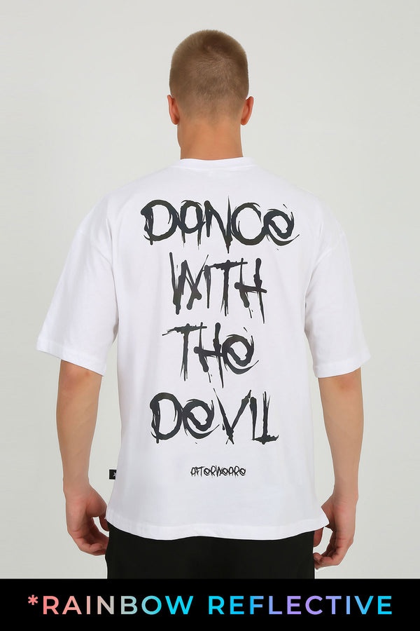 White Oversized T-Shirt with Reflective devil Print