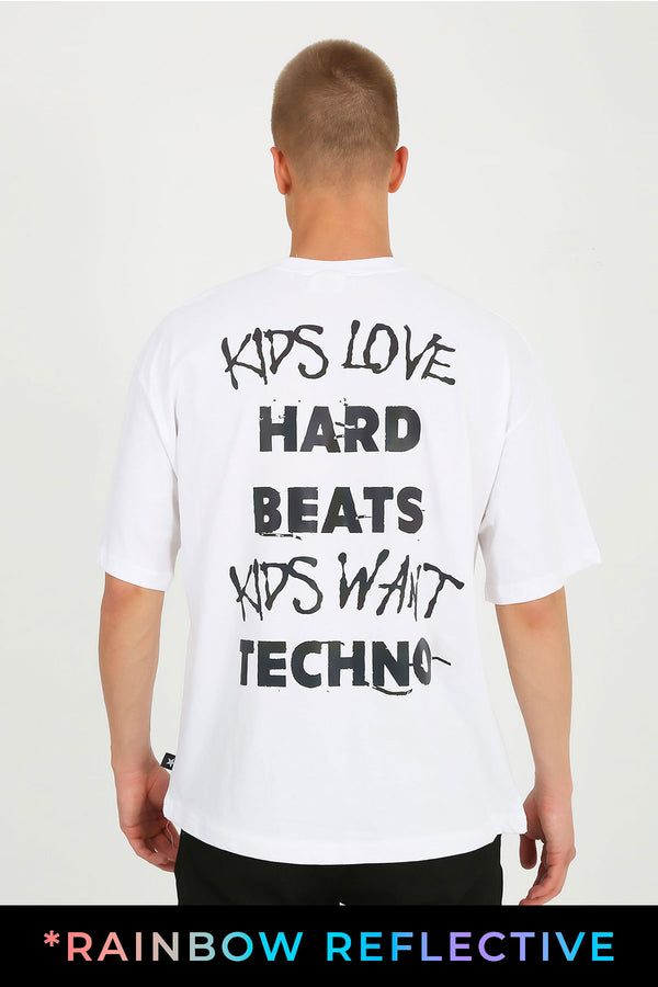 White Oversized T-Shirt with techno Print