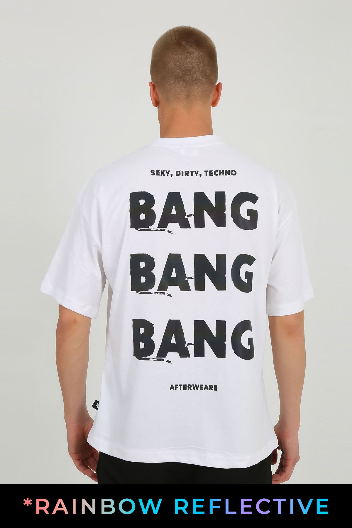 WHITE OVERSIZE T-SHIRT 'BANG BANG BANG' RAINBOW REFLECTIVE.