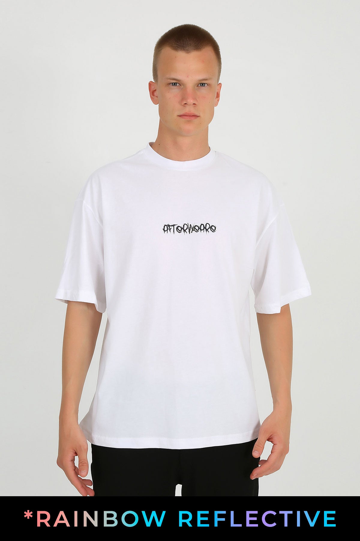 WHITE OVERSIZE T-SHIRT 'DANCE WITH THE DEVIL' RAINBOW REFLECTIVE.