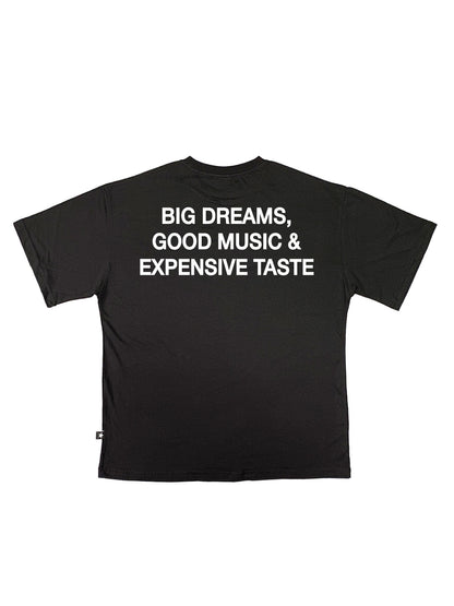 siyah oversize tişört big dreams good music baskılı