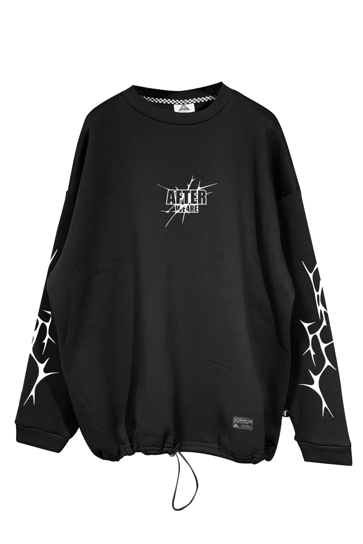 Unisex black oversize sweatshirt with '69' star graphic on the back and AFTERWEARE logo on the front, featuring graphic designs on sleeves.