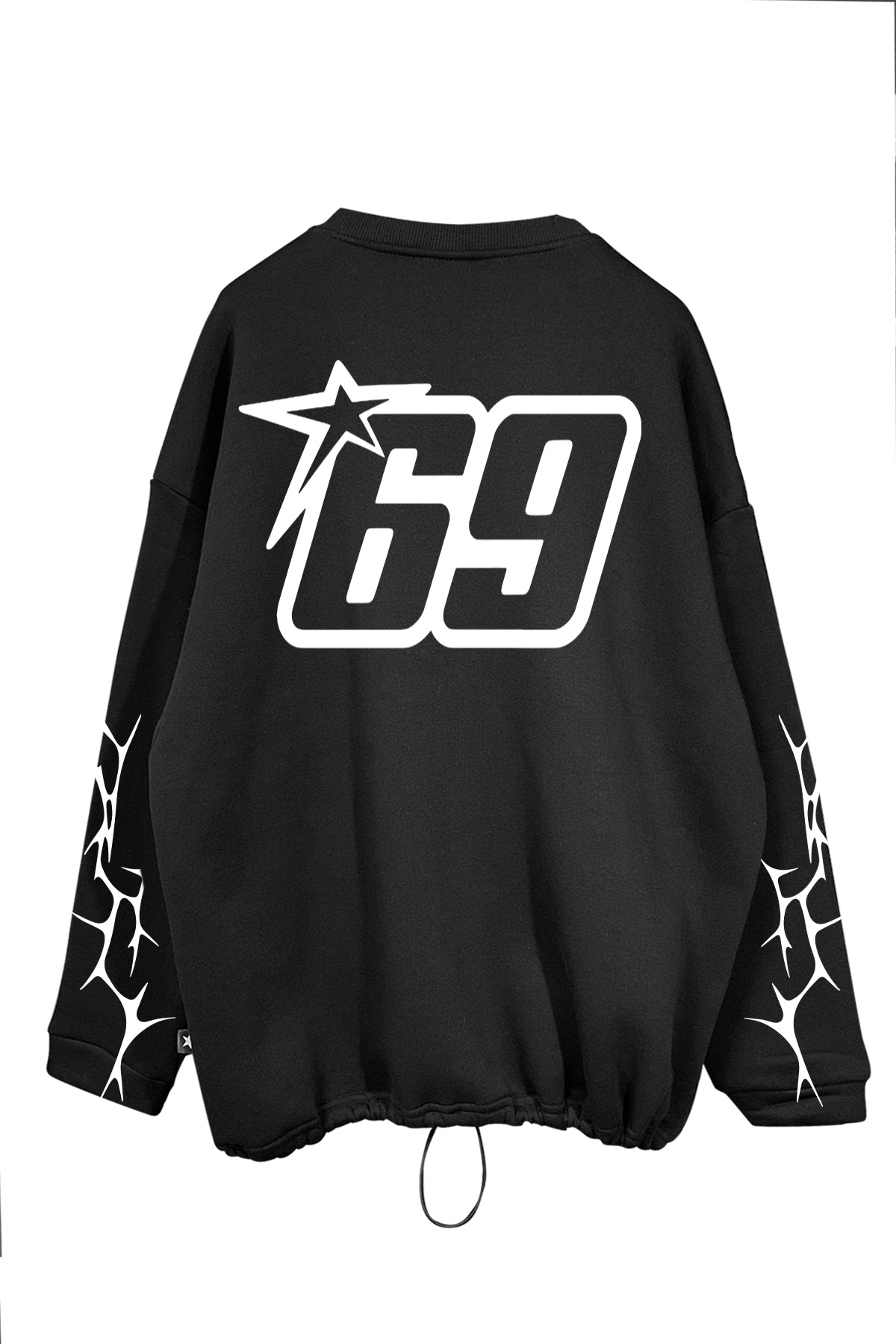 Unisex black oversize sweatshirt with '69' star graphic on the back and AFTERWEARE logo on the front, featuring graphic designs on sleeves.