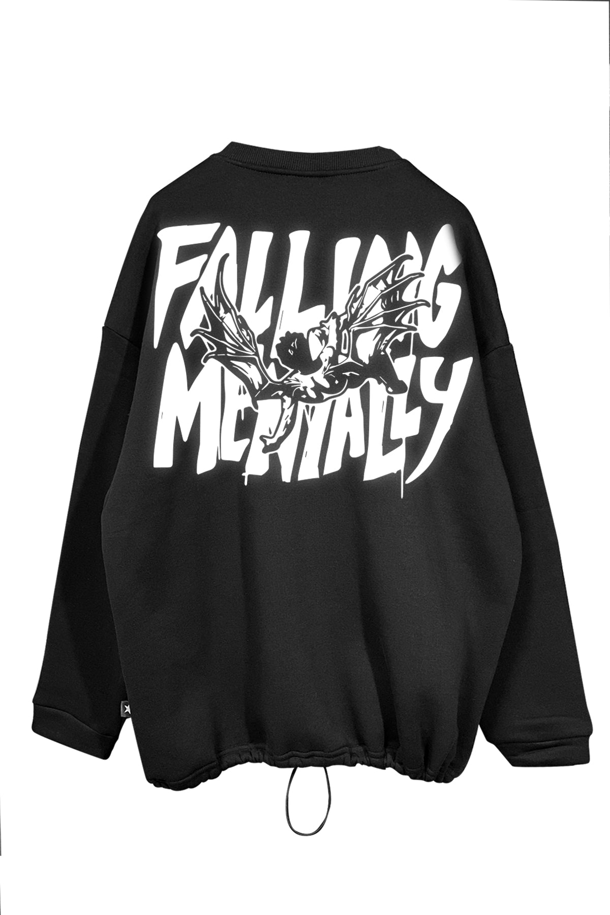 Unisex black oversize sweatshirt with 'Falling Mentally' graphic text, perfect for bold streetwear fans.
