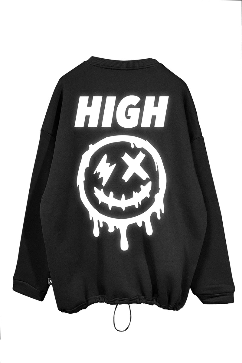 Unisex black oversize sweatshirt with 'High' and dripping face graphic, ideal for rave and streetwear lovers.