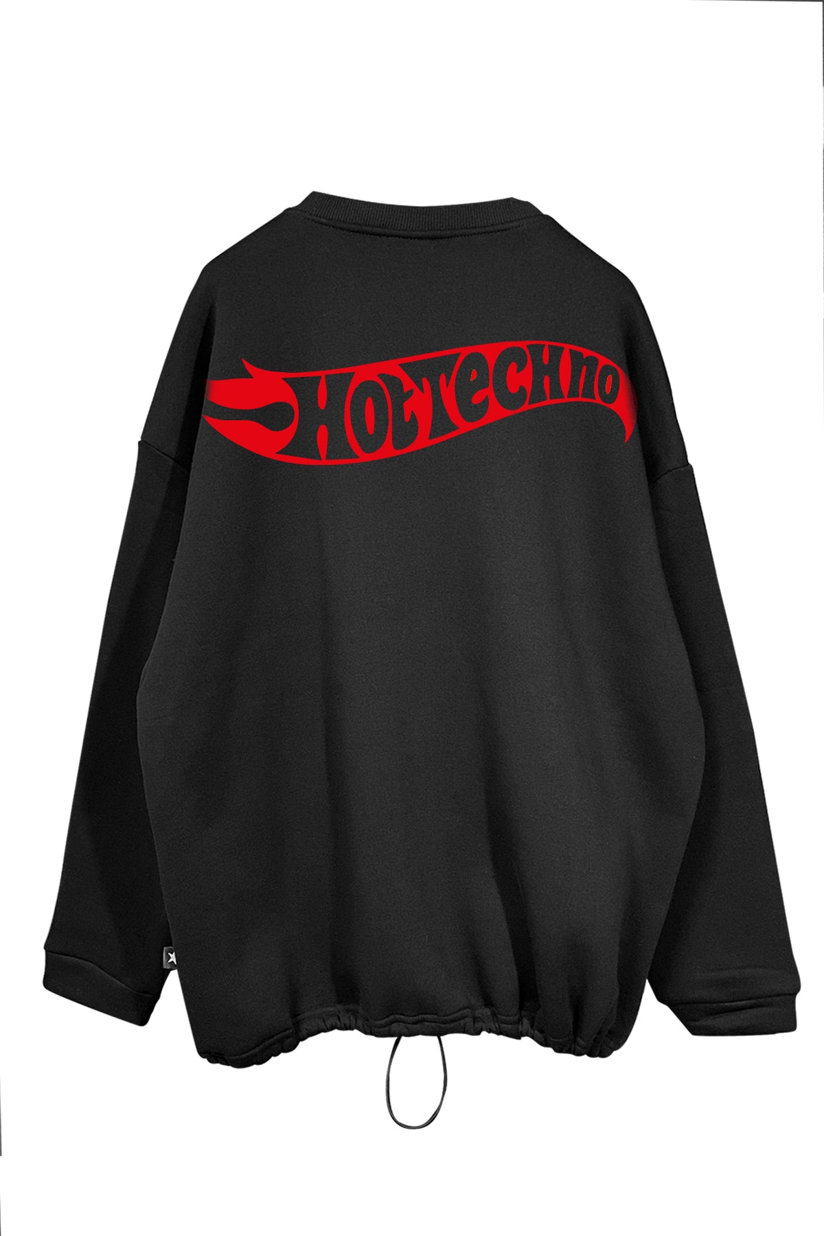 Unisex black oversize sweatshirt with 'Hot Techno' red flame graphic, ideal for techno and rave fans.