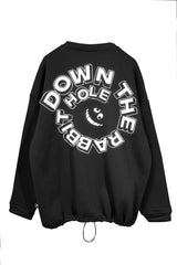 Unisex black oversize sweatshirt with 'Down the Rabbit Hole' graphic, perfect for rave lovers.