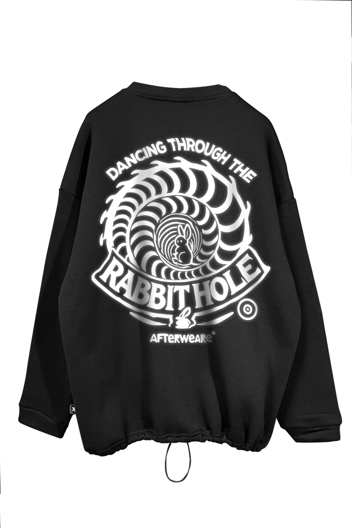 Unisex black oversize sweatshirt with 'Dancing Through the Rabbit Hole' spiral design, ideal for rave culture and streetwear enthusiasts.