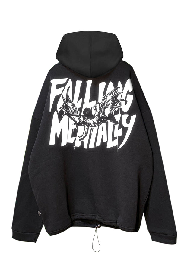 Siyah Kapüşonlu Sweatshirt 'FALLING MENTALLY' Black Oversize Hoodie