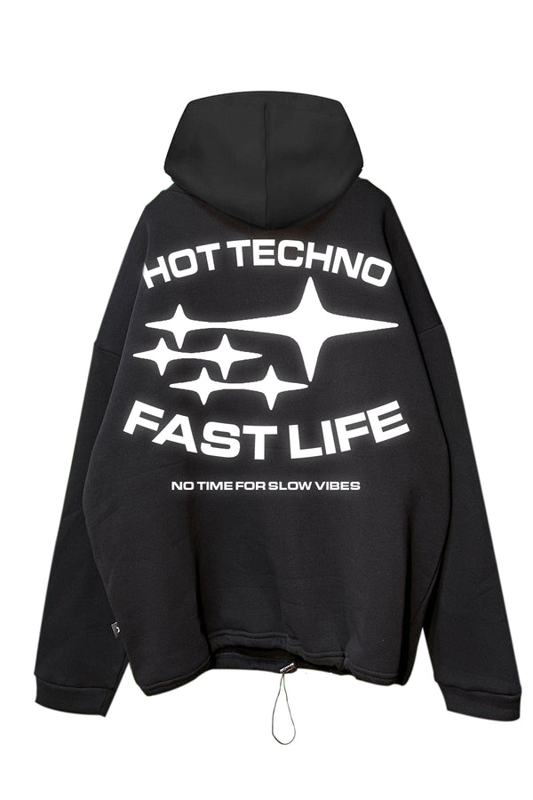 Siyah Kapüşonlu Sweatshirt 'HOT TECHNO FAST LIFE' Black Oversize Hoodie