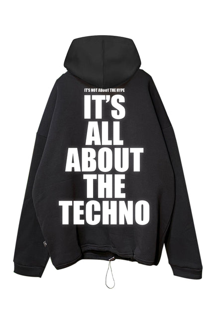 Siyah Kapüşonlu Sweatshirt 'ALL ABOUT TECHNO' Black Oversize Hoodie.