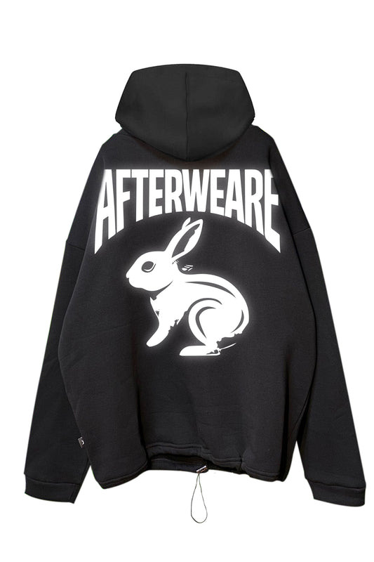 black oversized hoodie  - rabbit printed reflective - techno and festival lifestyle