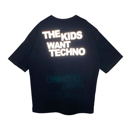 Oversized Black T-shirt 'THE KIDS WANT TECHNO' Reflective flash sale.